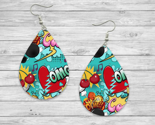 Blue Comic Teardrop Earrings / Teardrop Dangle Earrings / Jewelry