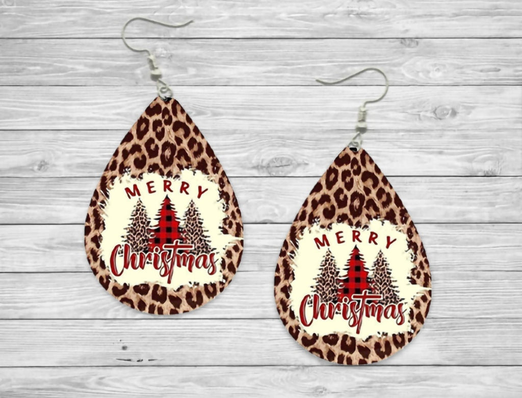 Merry Christmas Leopard Red Plaid Christmas Tree Teardrop Earrings / Teardrop Dangle Earrings / Jewelry
