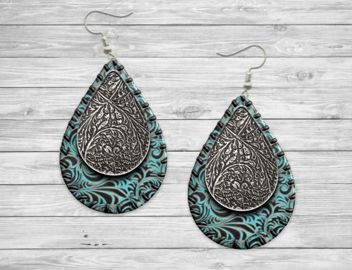 Turquoise Paisley with silver Teardrop Earrings / Teardrop Dangle Earrings / Handmade Jewelry