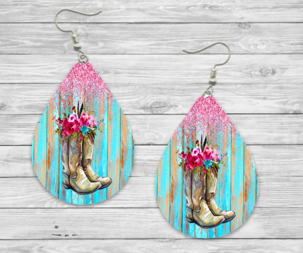Turquoise Pink Wood Cowboy Boots Country Teardrop Earrings / Teardrop Dangle Earrings / Handmade Jewelry