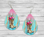 Turquoise Pink Wood Cowboy Boots Country Teardrop Earrings / Teardrop Dangle Earrings / Handmade Jewelry