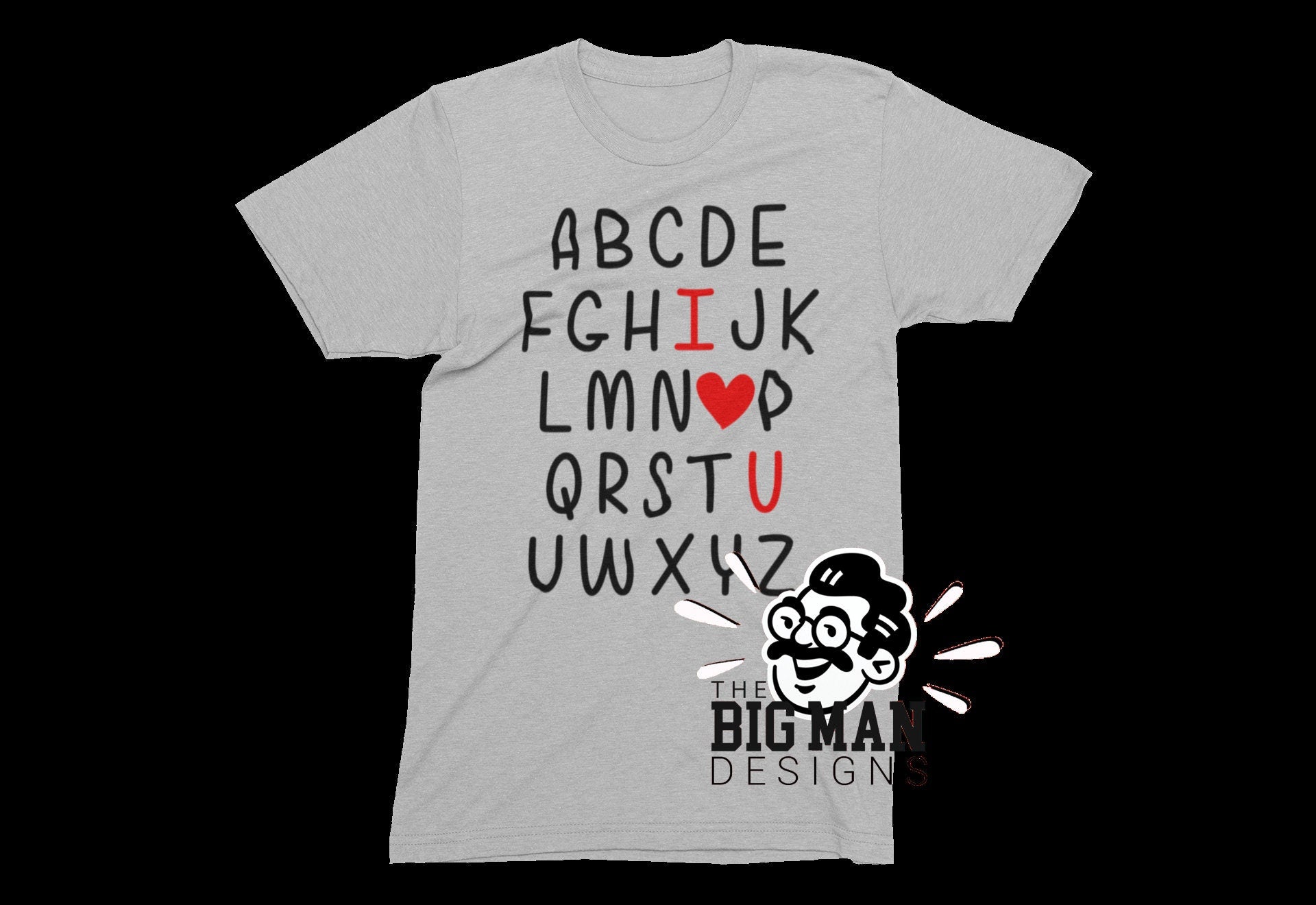 ABCD I Love You V-Day Tee – Quirky Valentines Shirt | Love Letter Tee - DTF Printed Cotton.  Say it with a twist this Valentine’s Day! This V-Day Tee delivers a quirky take on romance with playful typography & a modern design that reads like the alphabet. Printed using advanced DTF technology, this tee is available in two premium fabric options: a classic 100% cotton version and a standout heather red variant made from a 65/35 polyester/cotton blend with a bleached center to make the design pop.