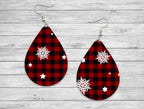 Buffalo Plaid Red and Black with Snowflakes Teardrop Earrings / Teardrop Dangle Earrings / Jewelry