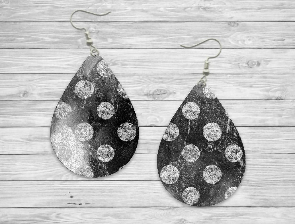 Vintage silver / grey with polka dots Teardrop Earrings / Teardrop Dangle Earrings / Jewelry