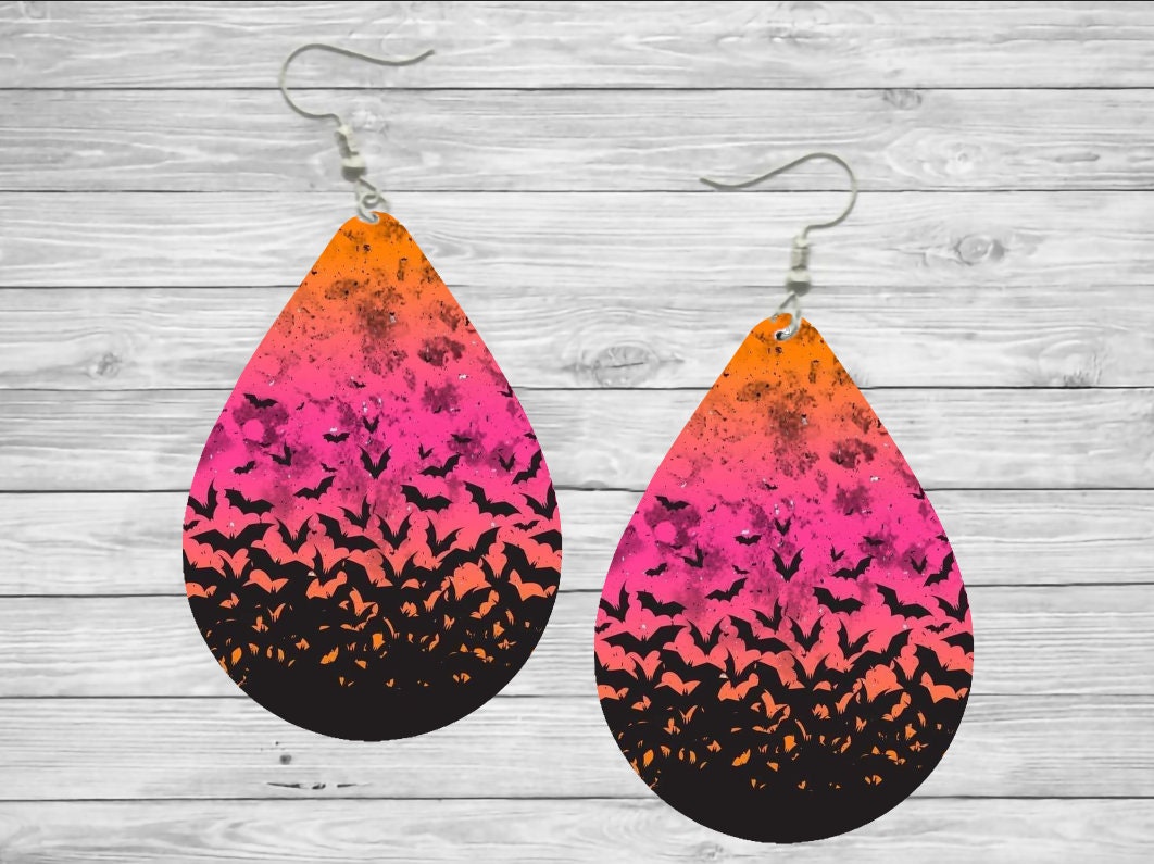 Halloween Colorful Bats Teardrop Earrings / Teardrop Dangle Earrings / Jewelry