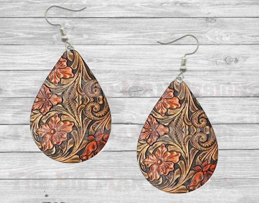 Faux Leather Floral Teardrop Earrings / Teardrop Dangle Earrings / Jewelry