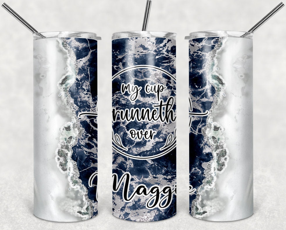 Navy My Cup Runneth Over Tumbler Personalized 20 oz skinny Tumbler