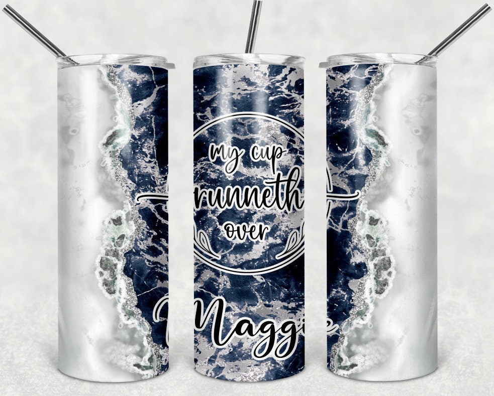 Navy My Cup Runneth Over Tumbler Personalized 20 oz skinny Tumbler