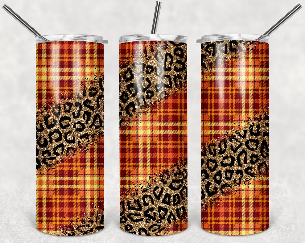 Personalized Autumn Tumbler | Leopard Print Plaid, 20oz 30oz