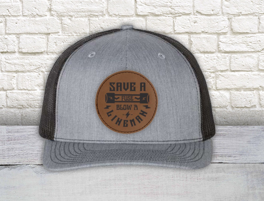 Lineman Save a Fuse Blow a Lineman Round Leather Patch Hat | Richardson 112 Snapback Trucker Hat | Lineman's Hat | Patch Hat