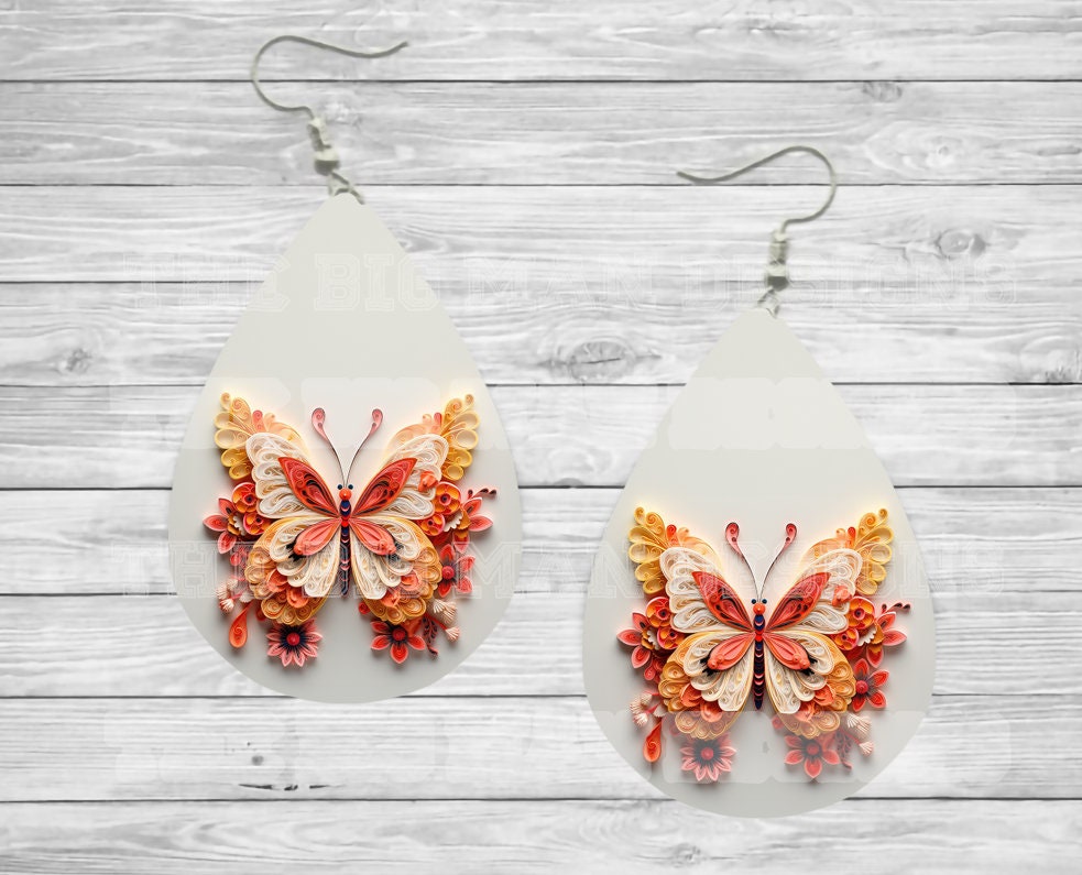 Vibrant 3D Butterfly Teardrop Sublimated Earrings - Pink, Yellow, and Cream / Teardrop Dangle Earrings/ Jewelry