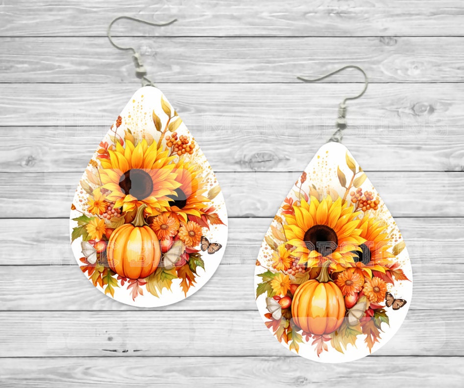 Vibrant Fall Pumpkin and Sunflowers Teardrop Earrings | Teardrop Dangle Earrings | Jewelry