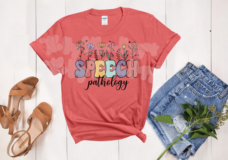 Speech Pathology T-Shirt - Bold Speech with Floral Pathologist Script - Softstyle Tee - Customizable