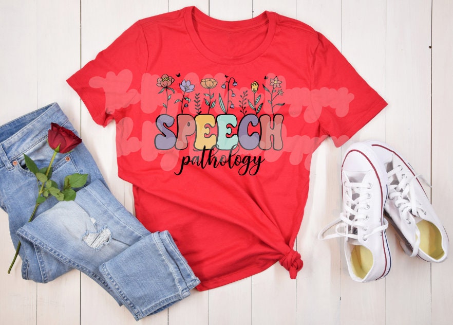 Speech Pathology T-Shirt - Bold Speech with Floral Pathologist Script - Softstyle Tee - Customizable