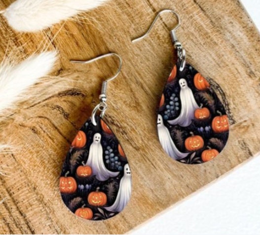 Spooky Ghosts and Pumpkins Teardrop Sublimated Earrings - Halloween Delight! | Teardrop Dangle Earrings | Jewelry