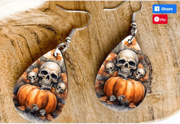 Spooky Skulls and Pumpkins Fall Leaves Teardrop Sublimated Earrings - Halloween Delight! | Teardrop Dangle Earrings | Jewelry