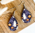 Spooky Ghosts and Pumpkins Night Sky Teardrop Sublimated Earrings - Halloween Delight! | Teardrop Dangle Earrings | Jewelry