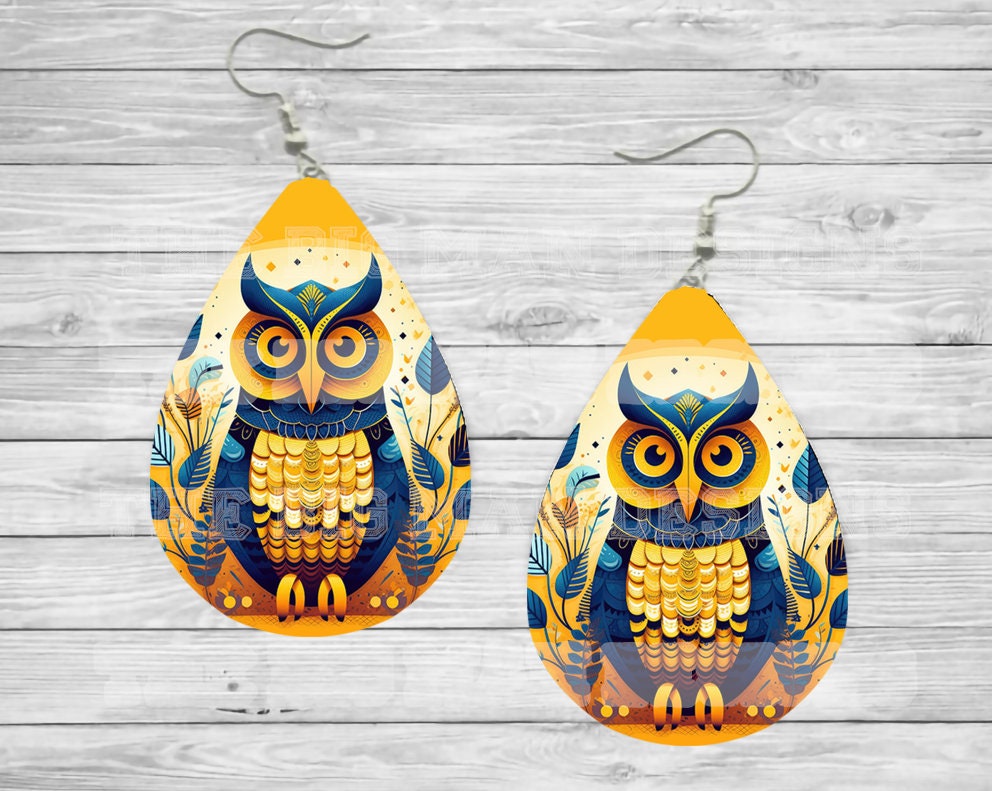 Vibrant Owl Teardrop Sublimated Earrings - Blue and Yellow Delight / Teardrop Dangle Earrings/ Jewelry