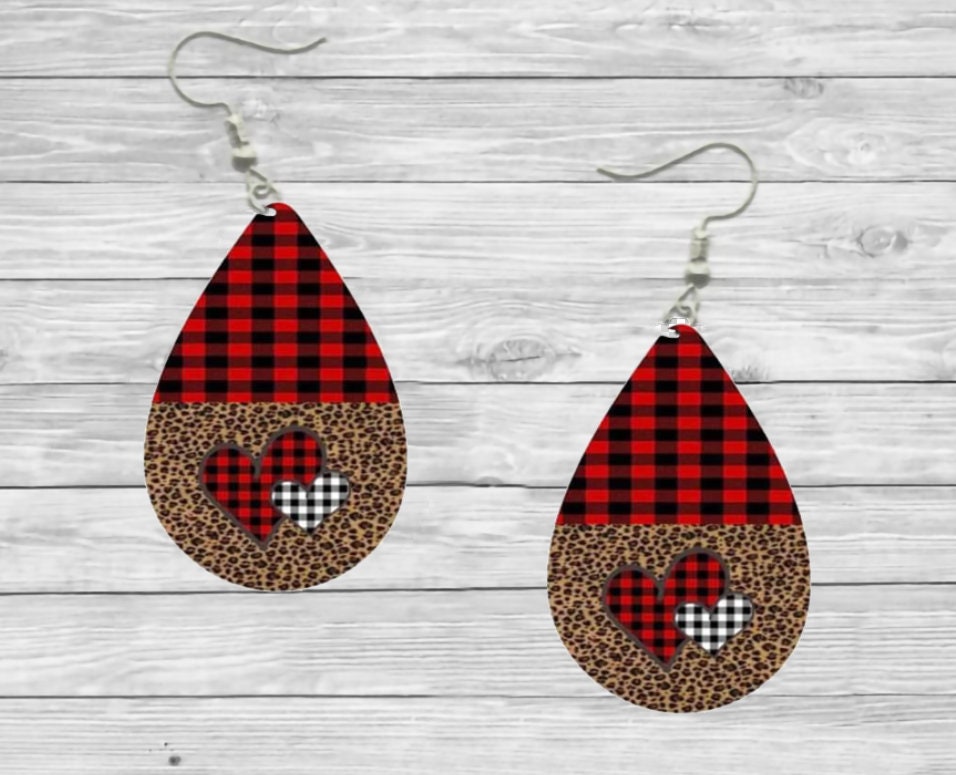 Valentines Animal Print Buffalo Plaid Teardrop Earrings / Teardrop Dangle Earrings / Jewelry