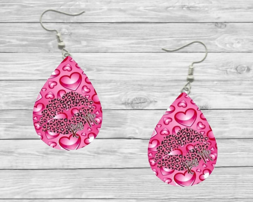 Valentines Pink Kiss Me Teardrop Earrings / Teardrop Dangle Earrings / Jewelry