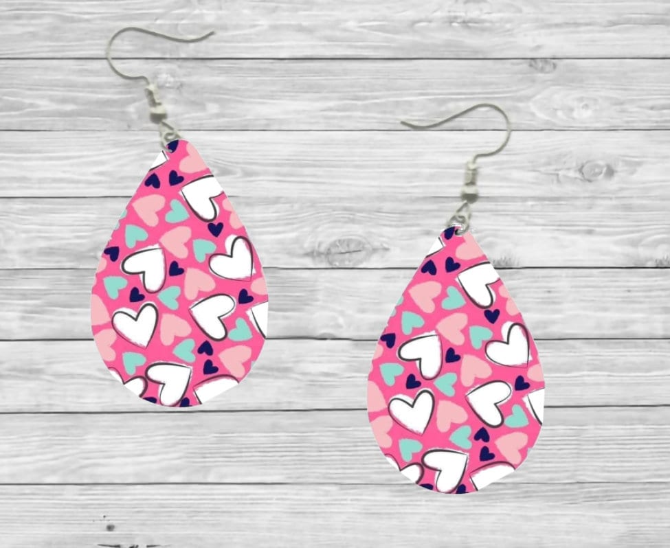 Valentines Pink Doodle Heart Teardrop Earrings / Teardrop Dangle Earrings / Jewelry