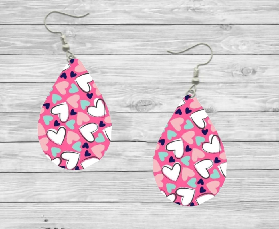 Valentines Pink Doodle Heart Teardrop Earrings / Teardrop Dangle Earrings / Jewelry