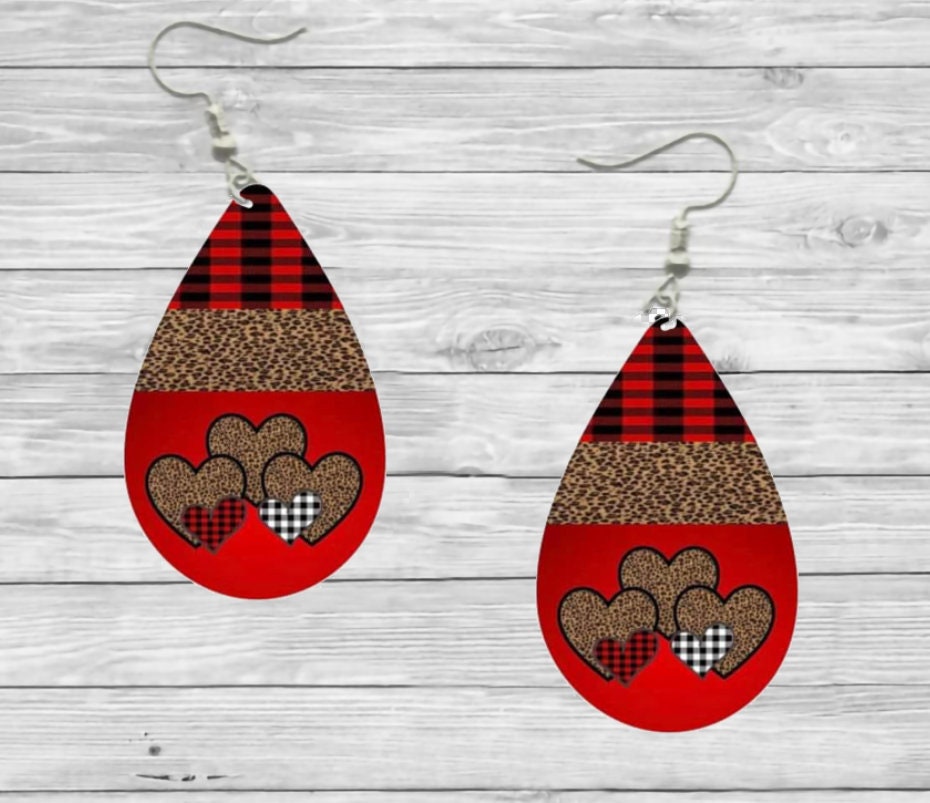 Valentines Red Buffalo Plaid Animal Print Heart Teardrop Earrings / Teardrop Dangle Earrings / Jewelry