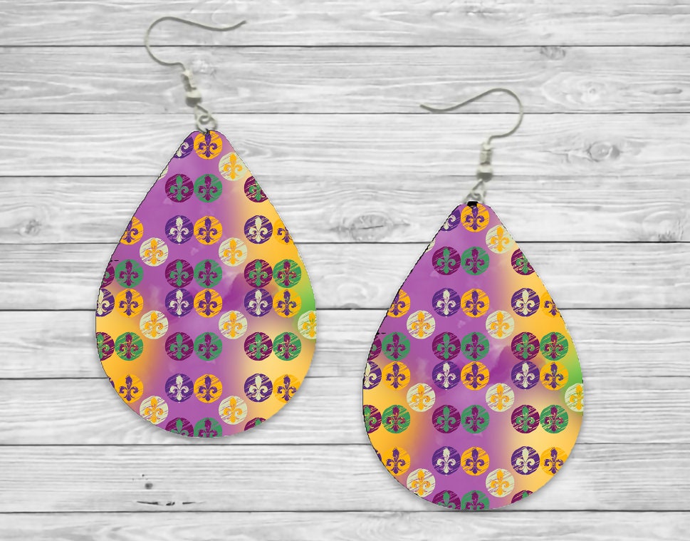Mardi Gras Fleur De Lis Colorful Teardrop Earrings / Teardrop Dangle Earrings / Jewelry