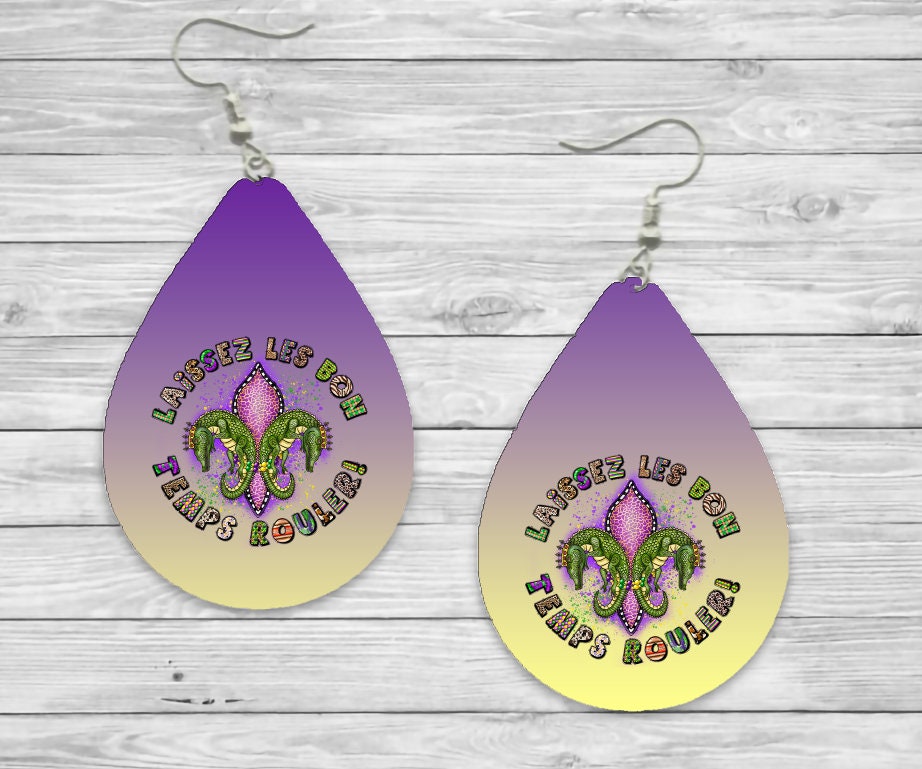 Mardi Gras Purple and Gold Laissez Les Bon Teardrop Earrings / Teardrop Dangle Earrings / Jewelry