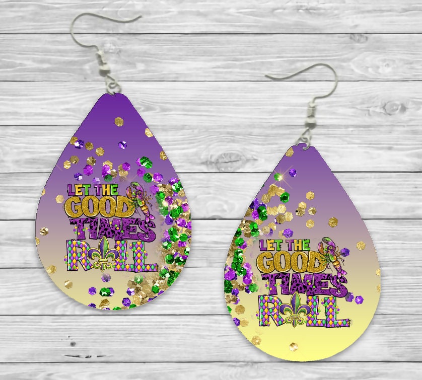 Mardi Gras Let the Good Times Roll Faux Glitter Teardrop Earrings / Teardrop Dangle Earrings / Jewelry