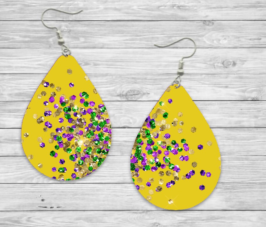 Mardi Gras Faux Glitter Purple or Yellow Teardrop Earrings / Teardrop Dangle Earrings / Jewelry