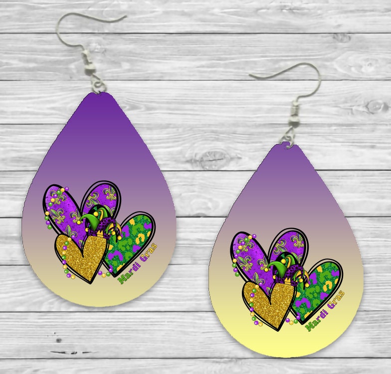Mardi Gras Purple and Gold Heart Teardrop Earrings / Teardrop Dangle Earrings / Jewelry