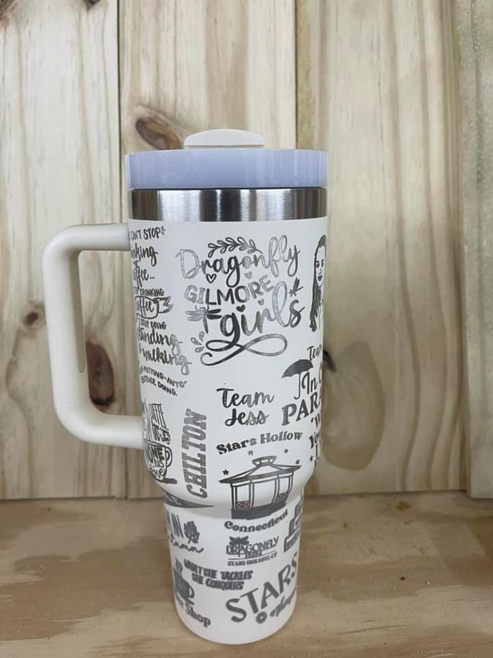 Cream Colored 40 oz stainless steel tumbler with lid and handle laser engraved with Gilmore Girls tv show theme