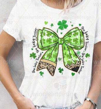 Lucky Teacher Shamrock Bow DTF Transfer | St. Patrick's Day, Ready-to-Press
