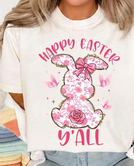 Floral Pink Toile Chinoiserie "Happy Easter Y’all" DTF Transfer | Vintage Southern Easter Transfer | Ready-to-Press