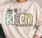 He Is Risen DTF Transfer | Pastel Brushstroke Easter Design with Bunny Ears & Matthew 28:6 Scripture | Ready-to-Press