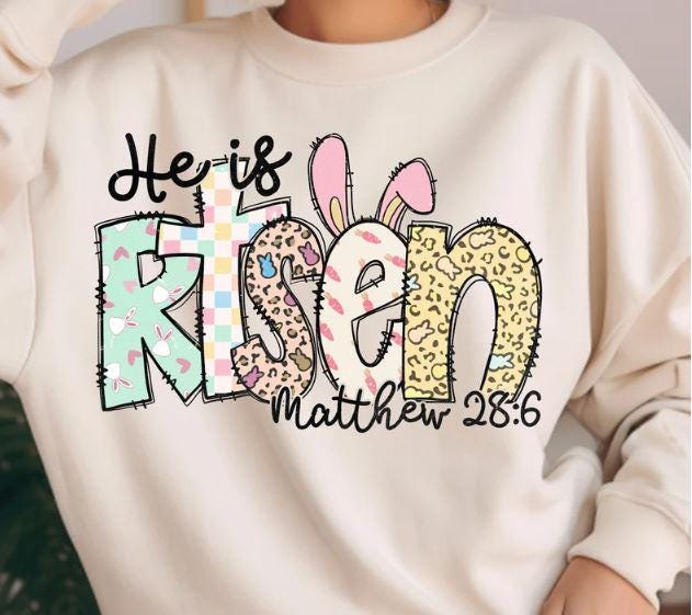He Is Risen DTF Transfer | Pastel Brushstroke Easter Design with Bunny Ears & Matthew 28:6 Scripture | Ready-to-Press
