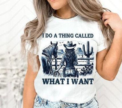 For the fearless, independent, and wild-at-heart—this "I Do a Thing Called What I Want" DTF transfer features a strong-willed cowgirl gazing off into the open wild. Perfect for adding a bold, Western touch to your t-shirts, hoodies, or tote bags. Whether you embrace the cowboy way of life or just don’t like being told what to do, this design is made for you! on white