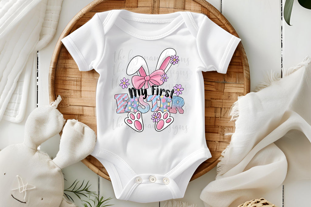 My first Easter onesie with faux glitter available in white, pink, grey, blue, and black. This cute design features bunny ears, a bow, cute feet, and adorable flowers. Easter is in pastels with faux glitte.