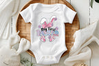 My first Easter onesie with faux glitter available in white, pink, grey, blue, and black. This cute design features bunny ears, a bow, cute feet, and adorable flowers. Easter is in pastels with faux glitte.