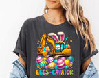 Get ready for Easter with this fun, bright, and colorful "Eggs-Cavator" design! Featuring a playful excavator digging up bright eggs alongside a cute bunny, this DTF transfer is perfect for creating unique Easter-themed shirts. Printed with high-quality Direct-to-Film (DTF) technology, ready to press onto your favorite shirt. Great for Easter gifts, family outings, and more. On dark gray