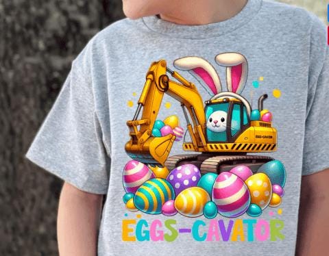 Get ready for Easter with this fun, bright, and colorful "Eggs-Cavator" design! Featuring a playful excavator digging up bright eggs alongside a cute bunny, this DTF transfer is perfect for creating unique Easter-themed shirts. Printed with high-quality Direct-to-Film (DTF) technology, ready to press onto your favorite shirt. Great for Easter gifts, family outings, and more. On sport gray