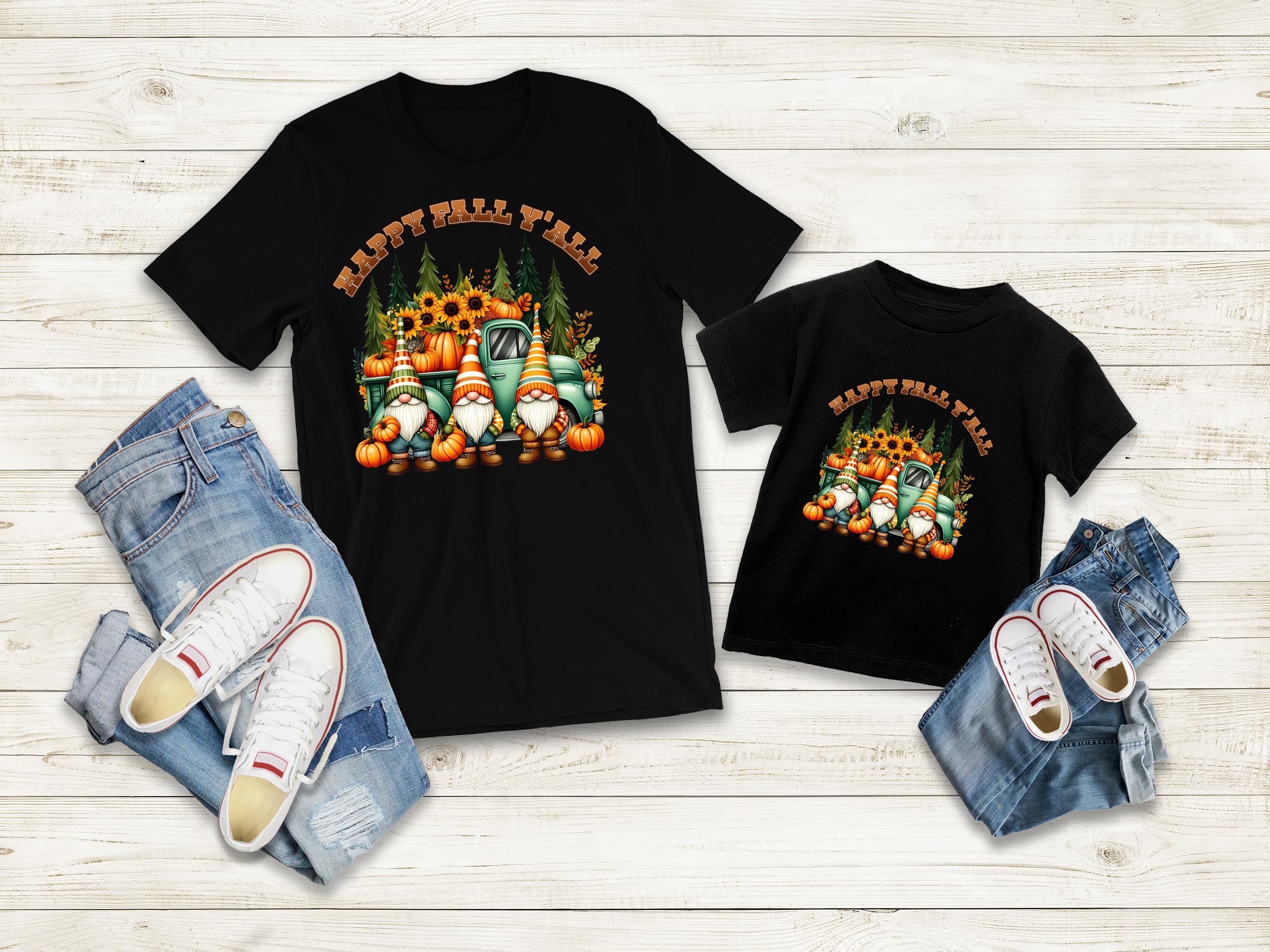Happy Fall Y'all vibrant Gnomes with pumpkins and sunflowers; shirt is 100% cotton with a DTF design so it will be soft and durable. Great autumn  shirt or a fall gift. Great for going the pumpkin patch or wearing for Thanksgiving. Also available in black.