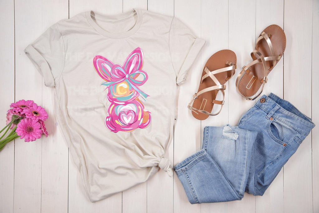 Brushstroke Easter Bunny Coquette Bow DTF Transfer | Ready-to-Press Easter Shirt Print | Pastel Bunny Bow Design. Get ready for Easter in style with this adorable brushstroke bunny DTF transfer featuring a chic coquette bow! This soft pastel design blends trendy brushstroke art with a vintage-inspired feminine touch, making it the perfect choice for Easter outfits, and stylish t-shirts. This ready-to-press Direct to Film (DTF) transfer makes it easy to create your own cute and festive tee!