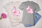 Elevate your Easter and spring wardrobe with this stunning Floral Pink Toile Chinoiserie Full Bunny DTF Transfer! This design features a detailed full-body bunny silhouette, adorned with an elegant pink floral toile pattern, perfect for creating a vintage-inspired, sophisticated look. Whether you’re crafting a stylish Easter shirt, a delicate spring piece, or a timeless fashion statement, this transfer is the perfect addition to your collection. On natural and sports grey