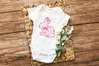 Floral pink toile bunny onesie, featuring an elegant vintage design, perfect for Easter.