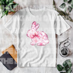 Close-up of the chinoiserie bunny print, highlighting delicate floral details in soft pink