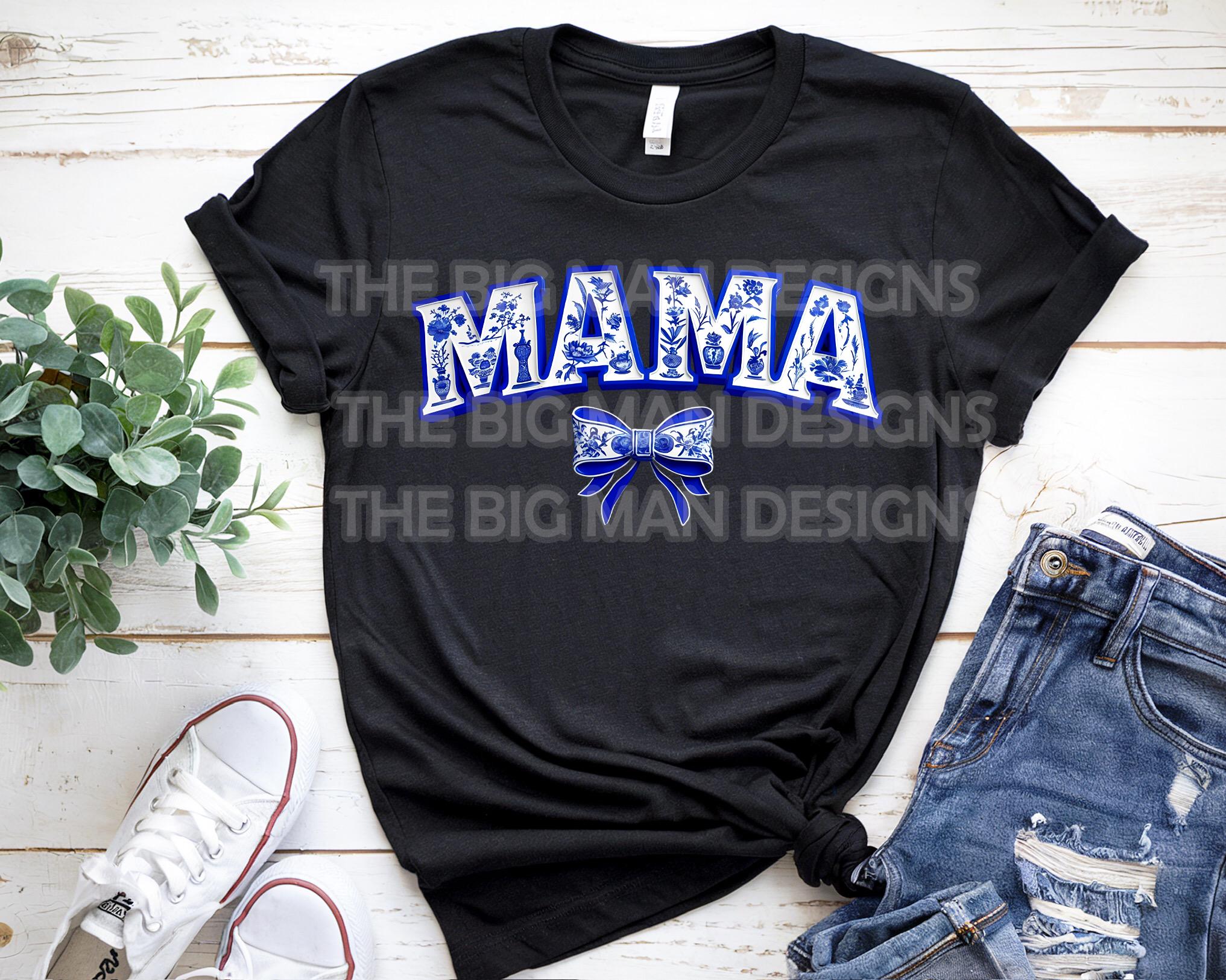 Elegant & timeless! This blue and white Chinoiserie-inspired “Mama” design features intricate floral details and a delicate coquette bow, creating a sophisticated, vintage aesthetic. Perfect for sublimation, DTF transfers, and DIY projects like t-shirts, sweatshirts, tote bags, mugs, and more! on black