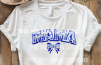Elegant & timeless! This blue and white Chinoiserie-inspired “Mama” design features intricate floral details and a delicate coquette bow, creating a sophisticated, vintage aesthetic. Perfect for sublimation, DTF transfers, and DIY projects like t-shirts, sweatshirts, tote bags, mugs, and more! on white close up