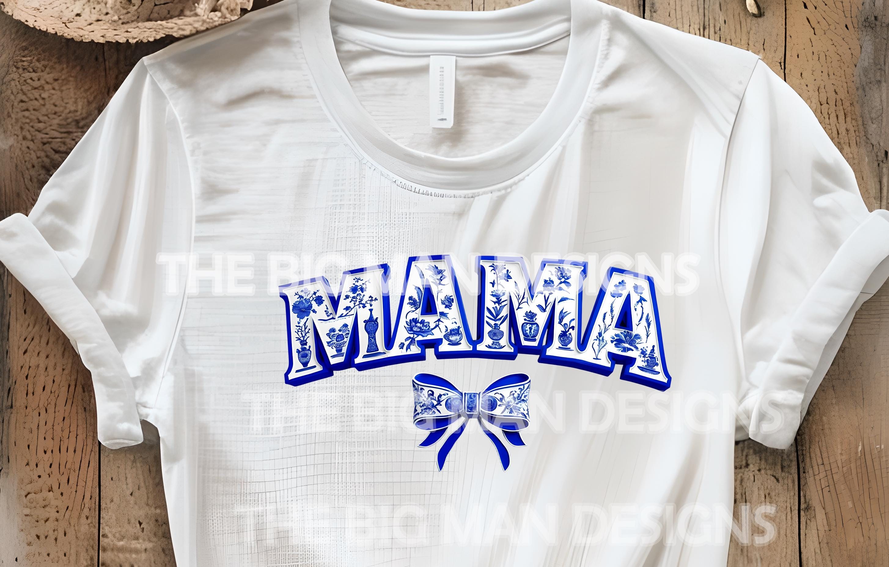 Elegant & timeless! This blue and white Chinoiserie-inspired “Mama” design features intricate floral details and a delicate coquette bow, creating a sophisticated, vintage aesthetic. Perfect for sublimation, DTF transfers, and DIY projects like t-shirts, sweatshirts, tote bags, mugs, and more! on white close up